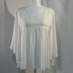 New York & Company Off White Sheer Bell Sleeve Blouse Size XL